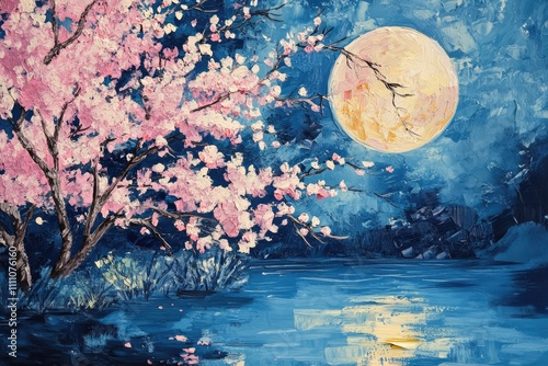 Wallpaper Mural Blossoming cherry trees under a full moon, painted in delicate brushstrokes Torontodigital.ca