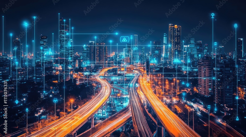Obraz premium A high-tech cityscape at dusk with vibrant neon highways and buildings glowing with holographic interfaces.