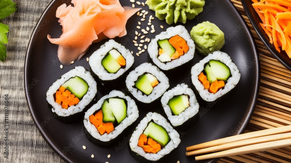 Photo of, A vibrant plate of vegetable sushi rolls filled with cucumber, avocado Photo of, A vibrant plate of vegetable sushi rolls filled with cucumber, avocado