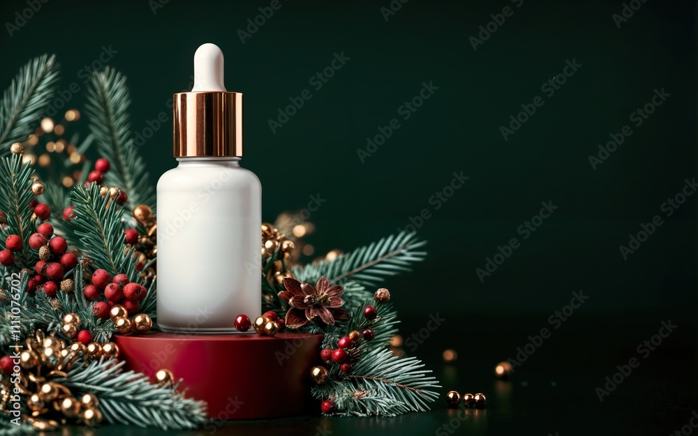 Elegant Skincare Bottle Display Amid Christmas Decorations and Green Foliage Elegant Skincare Bottle Display Amid Christmas Decorations and Green Foliage