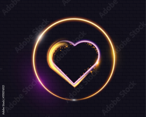 Neon glowing heart with golden and purple light trails, circular frame on dark brick background. photo