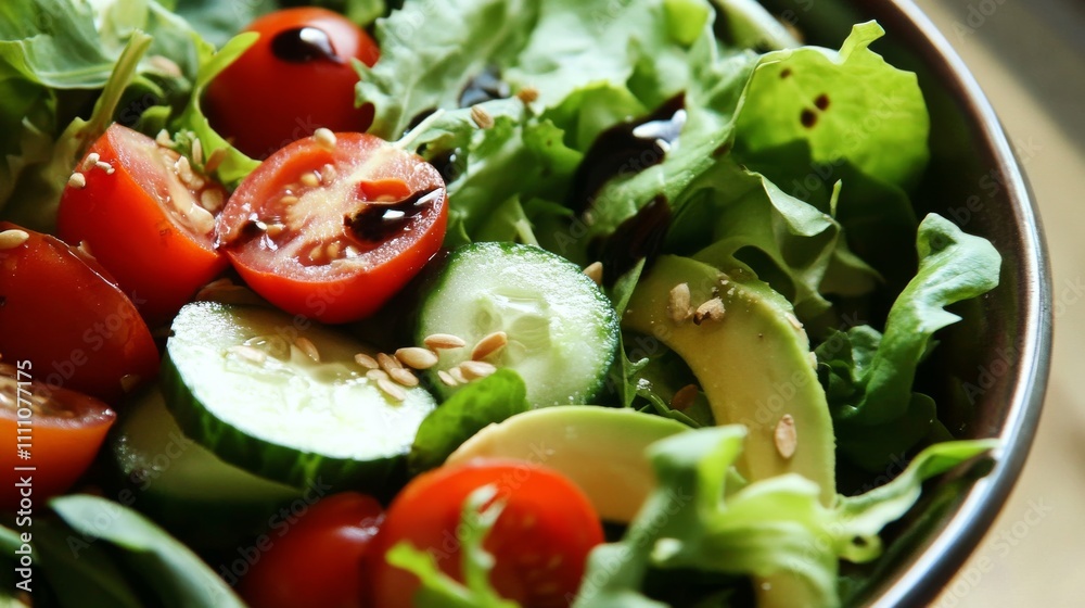 Photo of, A vibrant salad bowl filled with crisp mixed greens, cherry tomatoes Photo of, A vibrant salad bowl filled with crisp mixed greens, cherry tomatoes