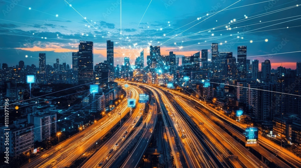 A sprawling urban skyline at twilight with glowing highways and holographic billboards, showcasing a high-tech future. A sprawling urban skyline at twilight with glowing highways and holographic billboards, showcasing a high-tech future.