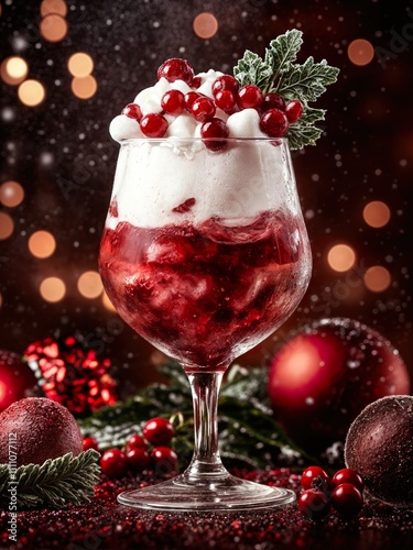 Festive Holiday Cocktail With Berries and Whipped Cream Garnish