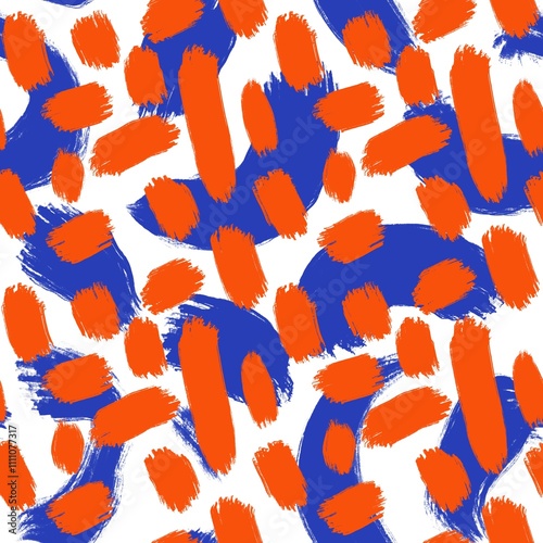 Seamless abstract textured pattern. Simple background blue, orange, white. Stains, lines. Digital brush strokes. Design for textile fabrics, wrapping paper, background, wallpaper, cover.