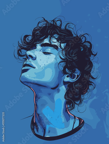 Man with curly hair is shown with his head tilted to the side. The image has a blue and purple color scheme, and the man's hair is styled in a way that makes it appear as if he is looking up