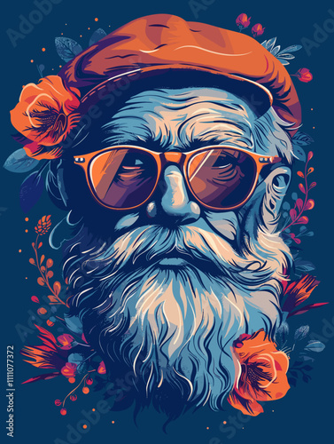 Vector illustration of Santa Claus with beard, sunglasses and flowers on dark background.