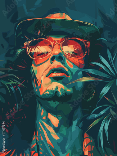 Portrait of a man in a hat and sunglasses. Vector illustration