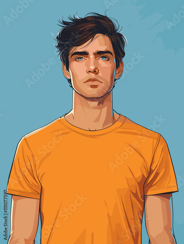 Portrait of a handsome young man in an orange t-shirt. Vector illustration