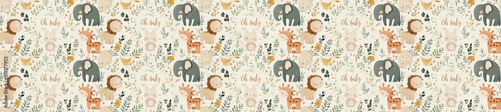 Obraz premium seamless pattern of Cute baby animals floral pattern beige orange watercolor style joyful baby shower celebration