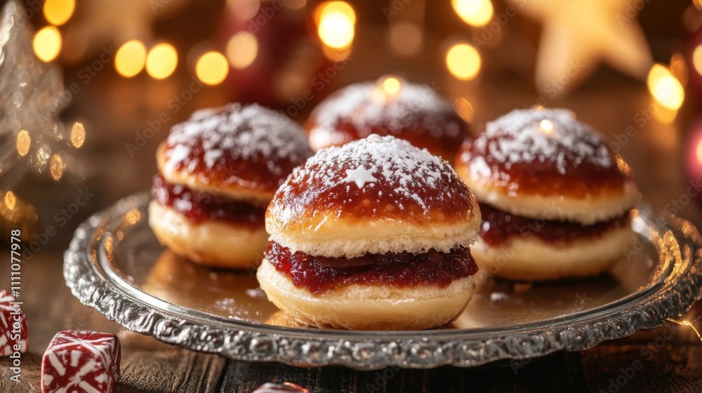 Four Glazed Doughnuts with Jam Filling on Silver Platter Four Glazed Doughnuts with Jam Filling on Silver Platter