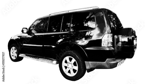 SUV auto, black big car side view, isolated on white background. Halftone dotted retro style vector.