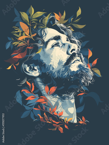 Vector illustration of a lion with leaves on a dark blue background