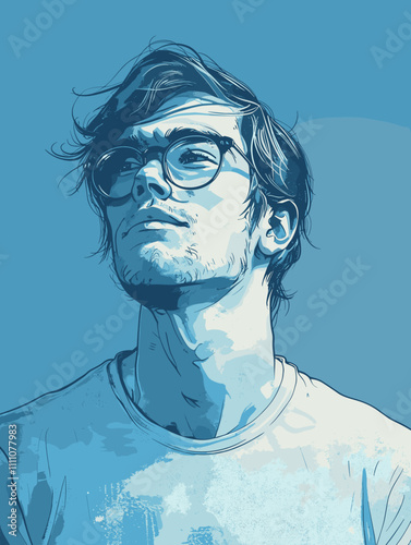 Portrait of a young man in glasses. Vector illustration on a blue background