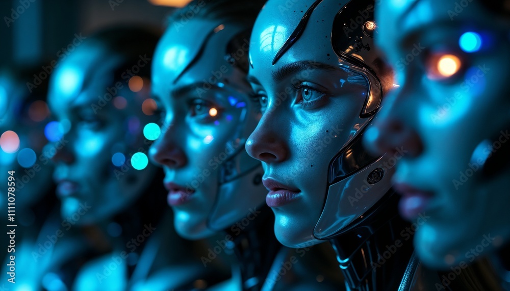 Futuristic Hybrid Faces with Metallic Skin and Robotic Elements Illuminated by Blue Light. The fusion of human and machine, representing the rise of advanced AI, innovation, and the future of human
Futuristic Hybrid Faces with Metallic Skin and Robotic Elements Illuminated by Blue Light. The fusion of human and machine, representing the rise of advanced AI, innovation, and the future of human