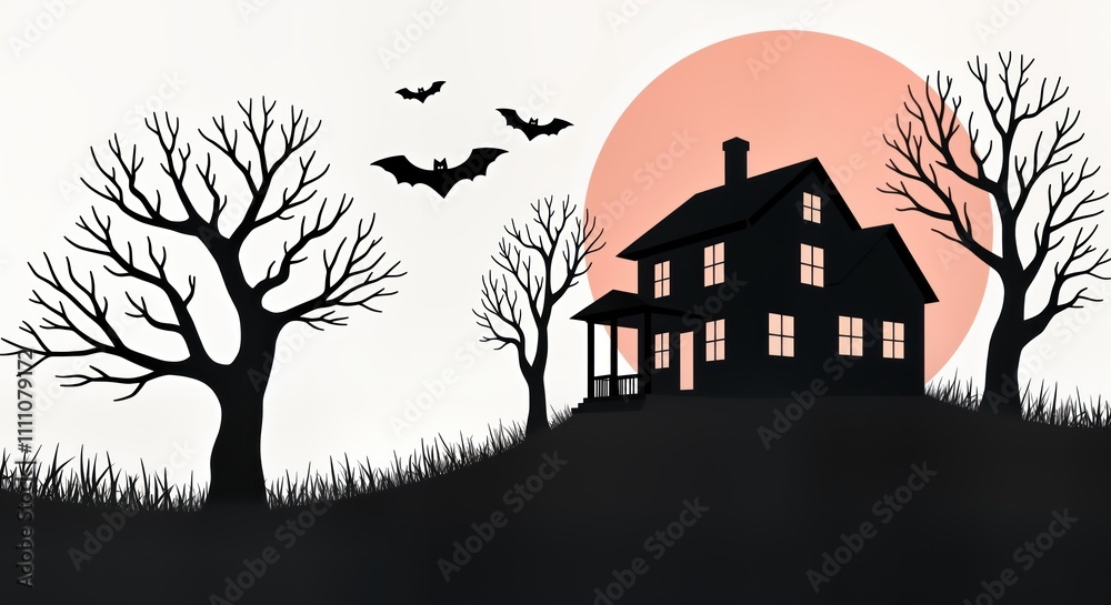 Silhouetted haunted house with spooky trees under pale pink moon. Spooky night scene. Halloween design for spooky background. Spooky atmosphere perfect for Halloween. Halloween spooky house Silhouetted haunted house with spooky trees under pale pink moon. Spooky night scene. Halloween design for spooky background. Spooky atmosphere perfect for Halloween. Halloween spooky house