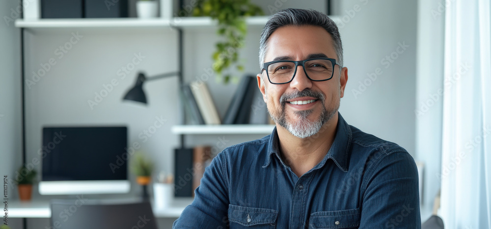 Confident Middle-Aged Man Smiling in Modern Office Setting Confident Middle-Aged Man Smiling in Modern Office Setting