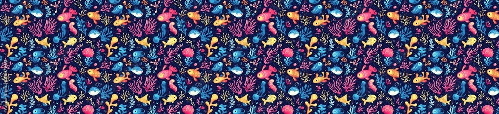 seamless pattern of Vibrant underwater scene  pink coral, yellow fish, playful style, summer joy 