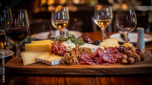 Photo of, An elegant charcuterie board with a variety of cheeses, cured meats