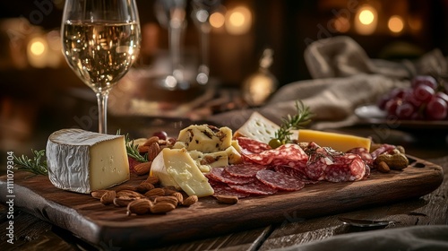 Photo of, An elegant charcuterie board with a variety of cheeses, cured meats