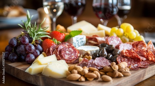 Photo of, An elegant charcuterie board with a variety of cheeses, cured meats