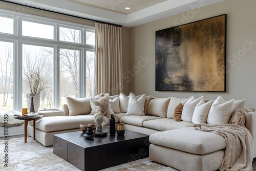  Minimalist  loft interior design of modern living room with earthy tones  featuring olive green sectional sofa  a textured wall art piece  and modern decor elements. 