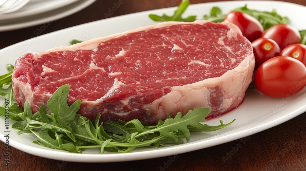 A raw steak on a plate with arugula and cherry tomatoes, ready for cooking. A raw steak on a plate with arugula and cherry tomatoes, ready for cooking.