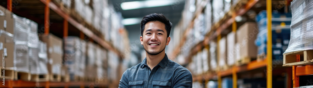 Confident Warehouse Worker Smiling in a Busy Storage Facility Confident Warehouse Worker Smiling in a Busy Storage Facility