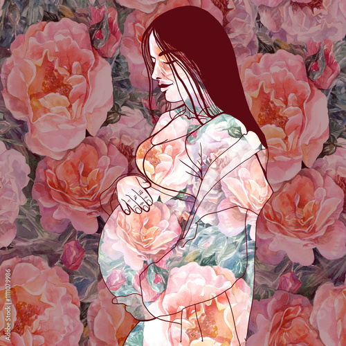 watercolor illustration with pregnancy woman in roses flowers 
