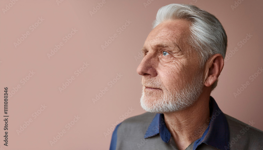 Fototapeta premium Portrait of an older man looking thoughtfully to the side against a soft pastel background with ample copy space