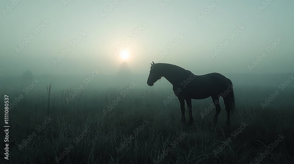 Silhouette of a horse in a foggy field at sunrise. Silhouette of a horse in a foggy field at sunrise.