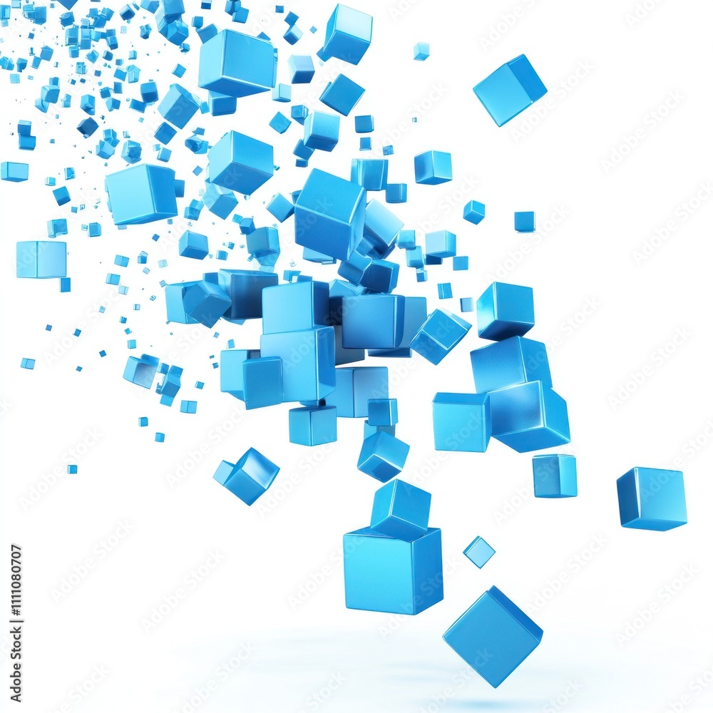 Abstract blue cubes exploding, scattered on white background. Abstract blue cubes exploding, scattered on white background.
