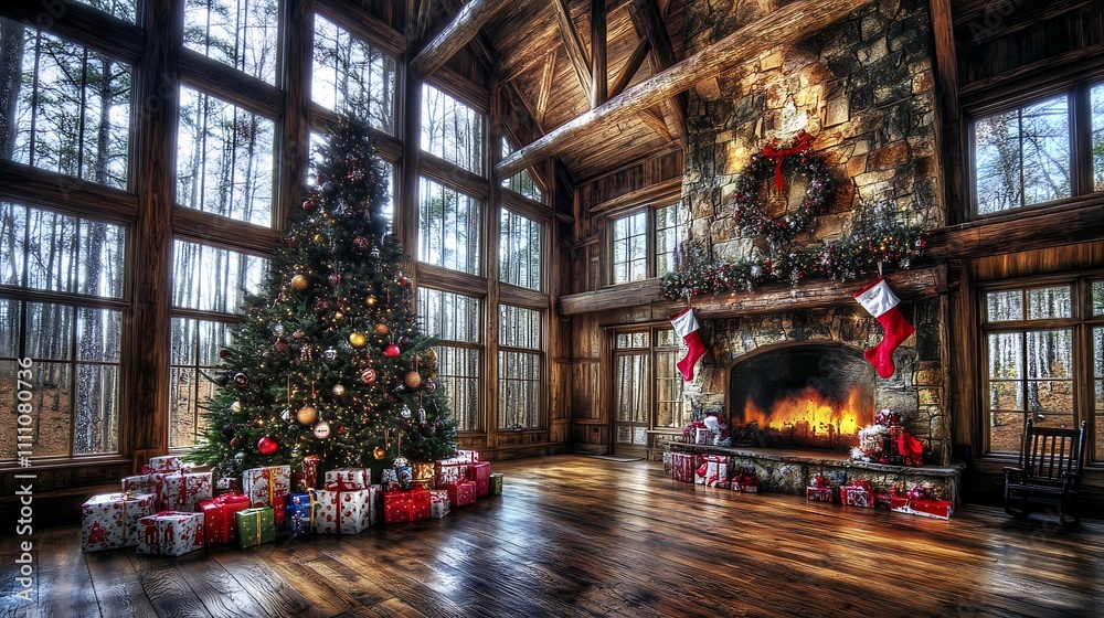 Naklejka premium Christmas Tree, Presents, and a Cozy Fireplace in a Rustic Cabin