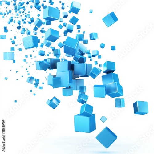 Abstract blue cubes exploding, scattered on white background.