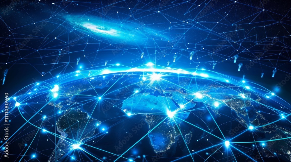 Artistic representation of a global business network with interconnected people and digital icons Artistic representation of a global business network with interconnected people and digital icons