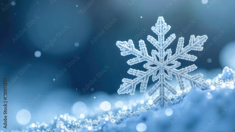 Beautiful snowflake close-up with crystal patterns on snow on blue background. Space for text. Christmas atmosphere. Happy New Year. Merry Christmas. Beautiful snowflake close-up with crystal patterns on snow on blue background. Space for text. Christmas atmosphere. Happy New Year. Merry Christmas.