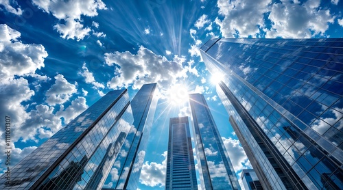 Wallpaper Mural Low Angle View of Financial Skyscrapers with Lens Flare, Modern Business Concept Torontodigital.ca