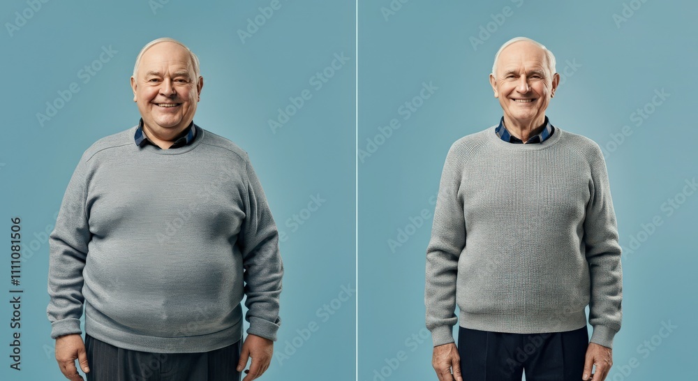 Elderly men smiling against blue background for wellness and positivity theme Elderly men smiling against blue background for wellness and positivity theme