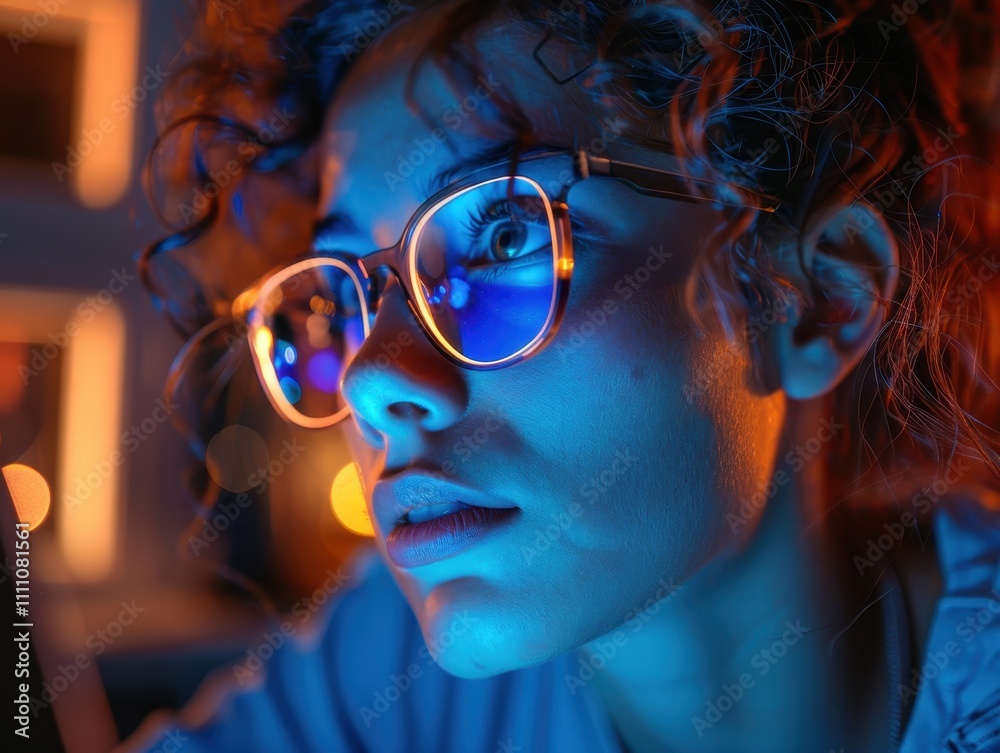 A close-up of a young woman with curly hair and glasses, focused intently on a screen, illuminated by blue and orange lighting. A close-up of a young woman with curly hair and glasses, focused intently on a screen, illuminated by blue and orange lighting.