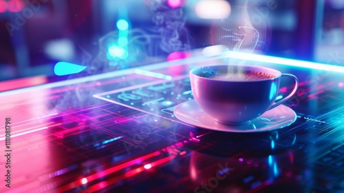 Futuristic coffee experience  a steaming cup on a business desk with ai solutions and innovation