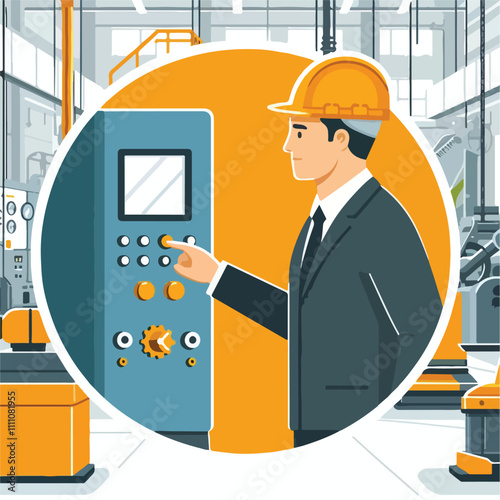 A worker in a yellow hard hat operates a  in an industrial setting.  The background includes machinery and control panels. Vector illustration icon  on a white background 