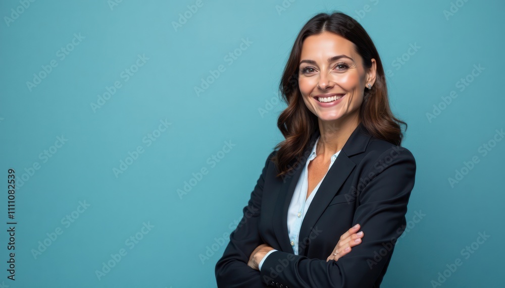 Confident female businesswoman stands against solid blue backdrop. Smiling, looking directly at camera. Pro attire suggests success, leadership. Indoor studio shot highlights strong female character. Confident female businesswoman stands against solid blue backdrop. Smiling, looking directly at camera. Pro attire suggests success, leadership. Indoor studio shot highlights strong female character.
