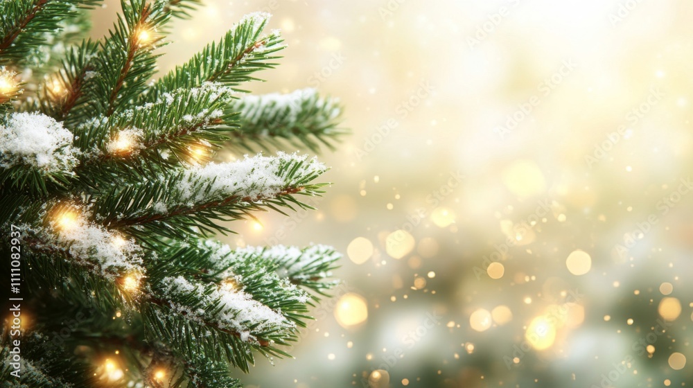 Snow-Covered Pine Branch with Festive Lights and a Blurred Golden Background Snow-Covered Pine Branch with Festive Lights and a Blurred Golden Background