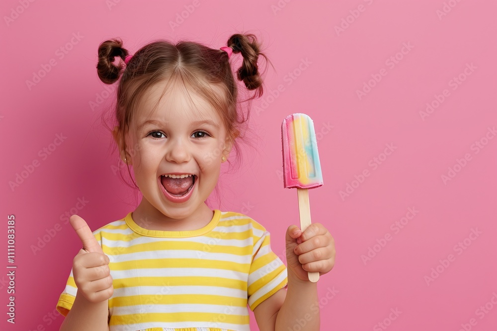 Smiling girl holding rainbow popsicle, joyful thumbs-up pose, cheerful child portrait, bright pink background, fun summer concept, happy and vibrant studio shot, playful expression
Smiling girl holding rainbow popsicle, joyful thumbs-up pose, cheerful child portrait, bright pink background, fun summer concept, happy and vibrant studio shot, playful expression