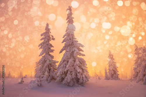 Snow-Covered Trees with Golden Lights