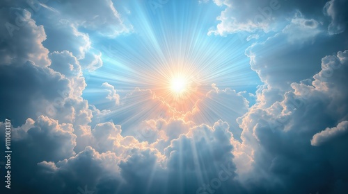 Sunlight beams through fluffy clouds. Heavenly light shines through cloudy sky. A radiant sun rays light up atmosphere. Spiritual and hopeful scene. Perfect for inspirational or religious themes. photo