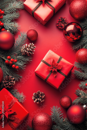 Christmas vertical gifts red box with a bow on top of a red box. There are pine cones and red balls on the table