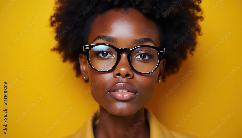 Young woman with afro hair, glasses stares directly at camera. Stylish woman with vibrant makeup. Close up head shot portrait against vibrant yellow backdrop. Confident, natural beauty. Diverse Young woman with afro hair, glasses stares directly at camera. Stylish woman with vibrant makeup. Close up head shot portrait against vibrant yellow backdrop. Confident, natural beauty. Diverse
