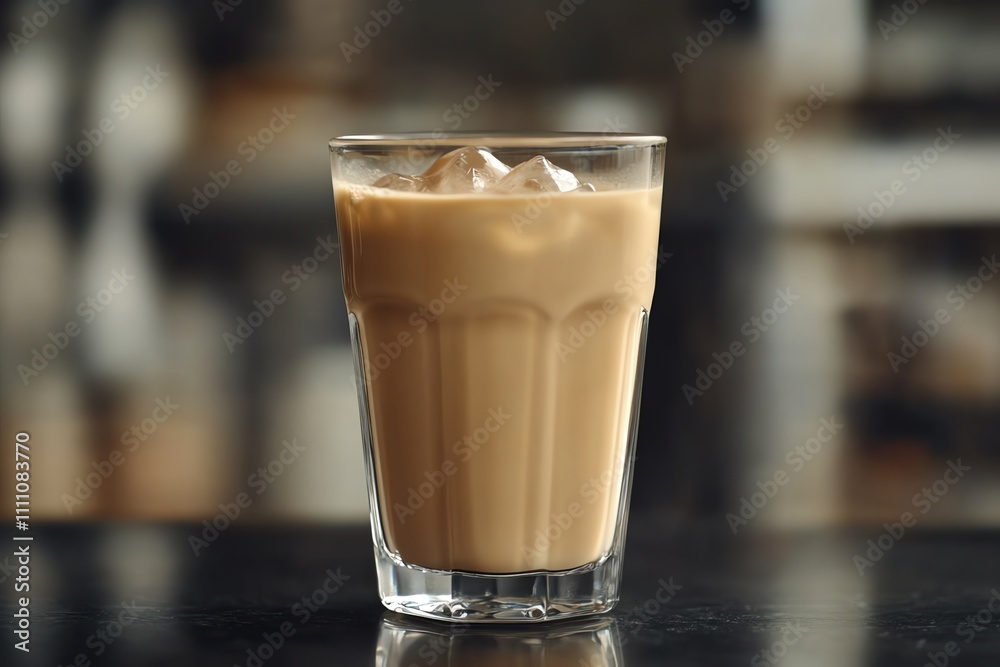 Chilled Iced Latte in a Glass on Elegant Black Background Chilled Iced Latte in a Glass on Elegant Black Background