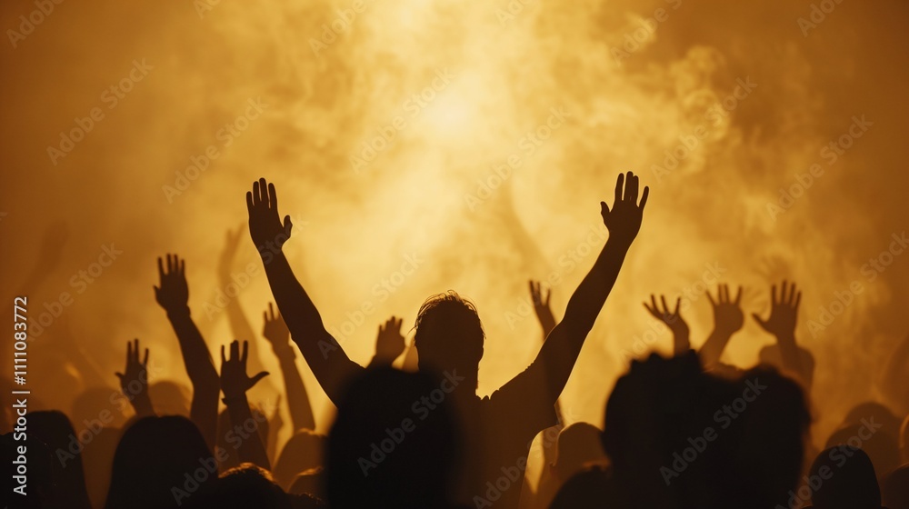 A large crowd enjoys an energetic performance as they raise their hands in excitement. The venue is illuminated with bright lights and surrounded by a smoky atmosphere, enhancing the festive mood. AI A large crowd enjoys an energetic performance as they raise their hands in excitement. The venue is illuminated with bright lights and surrounded by a smoky atmosphere, enhancing the festive mood. AI